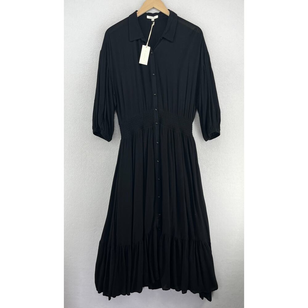 Z SUPPLY Dress L Tanya Maxi 3/4 Sleeve Pleated Smocked Button Front Black NEW - Picture 2 of 14